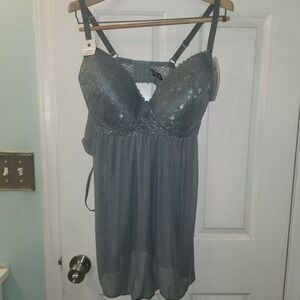 Rene Rofe 2pc Chemise Set Lingerie 2X Gray Lightly Padded. NWT